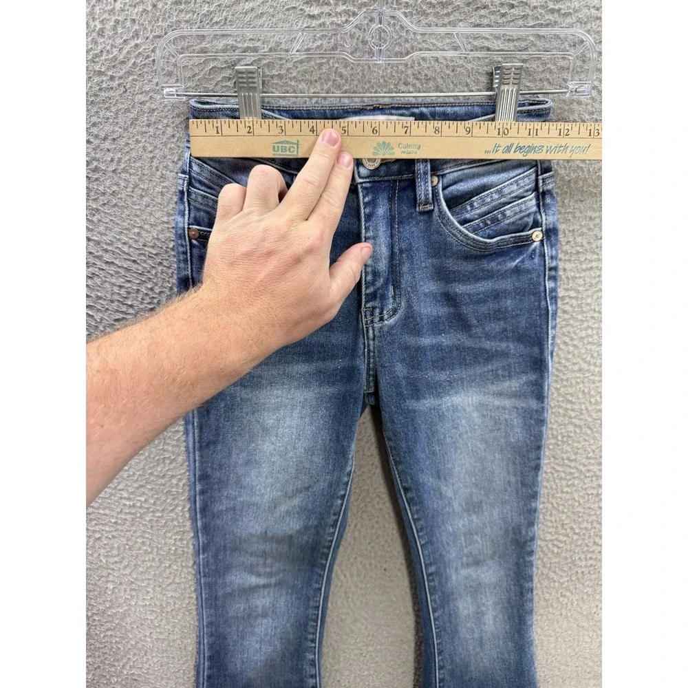 Kancan Jeans Girls 23 Blue‎ Flare High Rise Back Seam Raw Hem Distressed Denim
